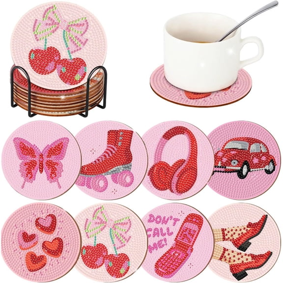 YIFEI Pink Diamond Art Coasters Kit with Holder 8 Pcs Cute Diamond Painting Coasters DIY Craft Kit for Adults Beginners Gift Decor