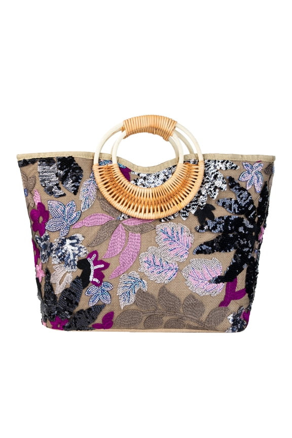 Rattan Wood Handle Sequin Embroidered Floral Beach Bag Tote for Vacation and Wedding Party