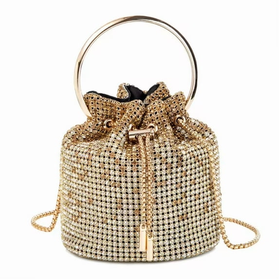 YIFEI Rhinestone Bucket Bag Ring Handle Sparkling Evening Clutch with Detachable Strap for Wedding Party