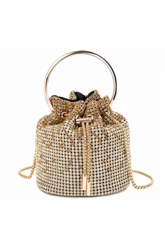 Rhinestone Bucket Bag Ring Handle Sparkling Evening Clutch with Detachable Strap for Wedding Party
