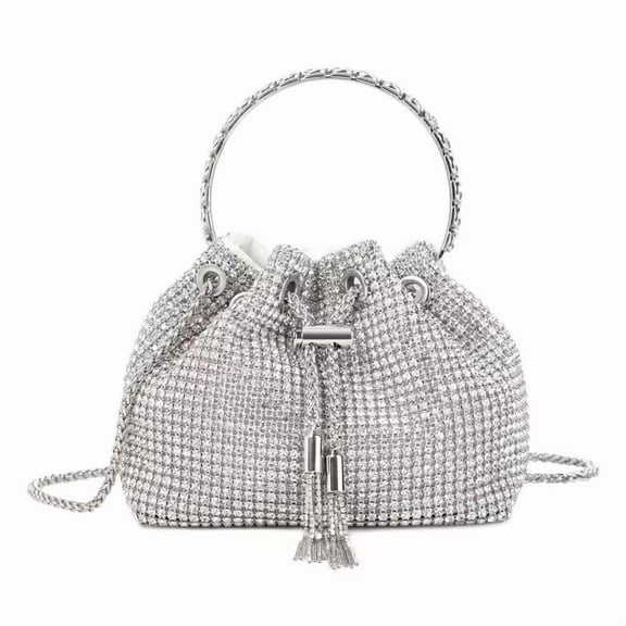 YIFEI Rhinestone Tassel Bucket Bag Sparkling Evening Clutch Diamond Purse with Detachable Strap for Wedding Party
