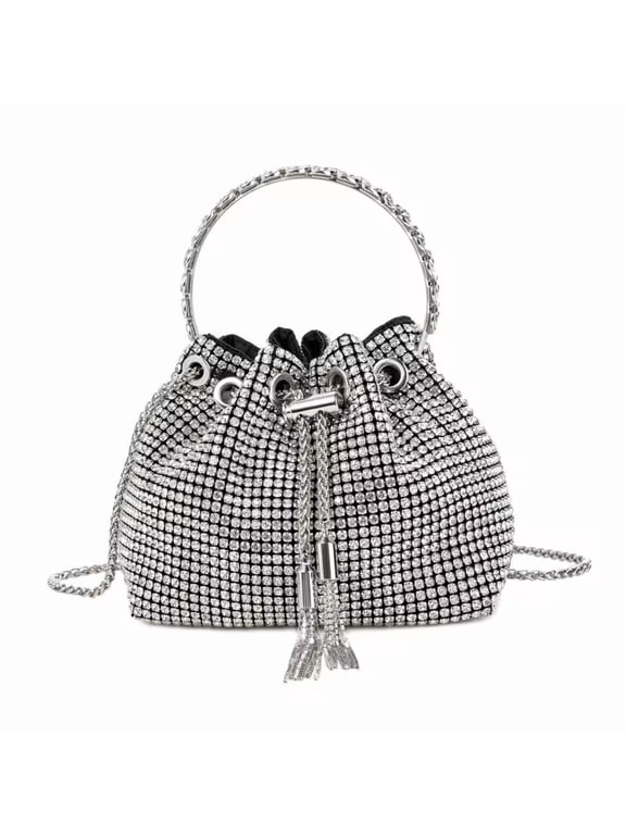 Rhinestone Tassel Bucket Bag Sparkling Evening Clutch Diamond Purse with Detachable Strap for Wedding Party