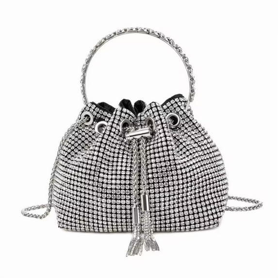 YIFEI Rhinestone Tassel Bucket Bag Sparkling Evening Clutch Diamond Purse with Detachable Strap for Wedding Party