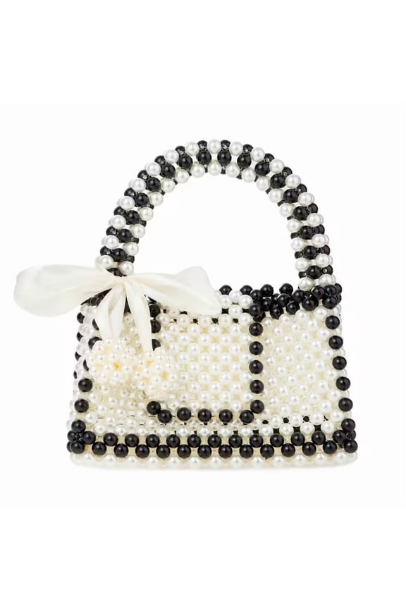 Ribbon Accent Black & White Acrylic Beaded Handbag Evening Bag for Wedding Party