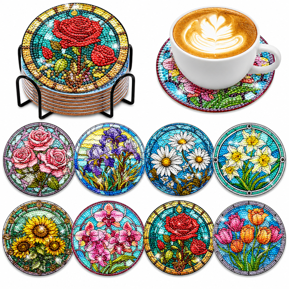 YIFEI Stained Glass Flower Diamond Art Coasters Kit with Holder, 8 Pcs DIY Diamond Painting Drink Coasters for Adults Beginners, Floral Acrylic Coaster Craft Set