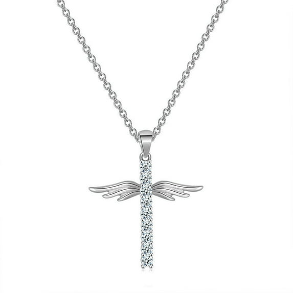 YIFSIY 14K White Gold Plated Angel Wings Cross Necklace Cubic Zirconia Pendant Necklace Jewelry for Women as Gift