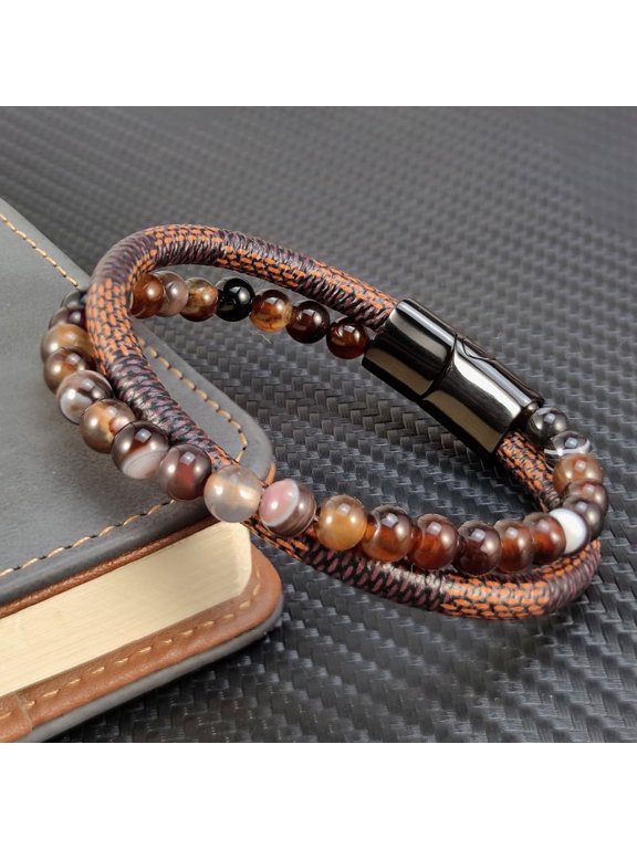 6mm Beads Bracelets Braided Cuff Leather Natural Agate Stone Brown Bracelets with Stainless Steel Magnetic Clasp Mens Jewelry Gift