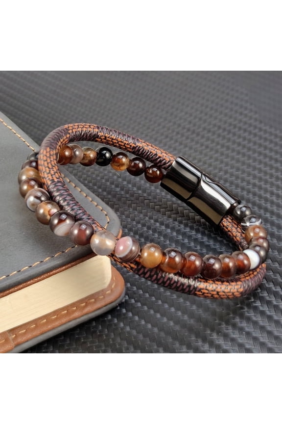 6mm Beads Bracelets Braided Cuff Leather Natural Agate Stone Brown Bracelets with Stainless Steel Magnetic Clasp Mens Jewelry Gift