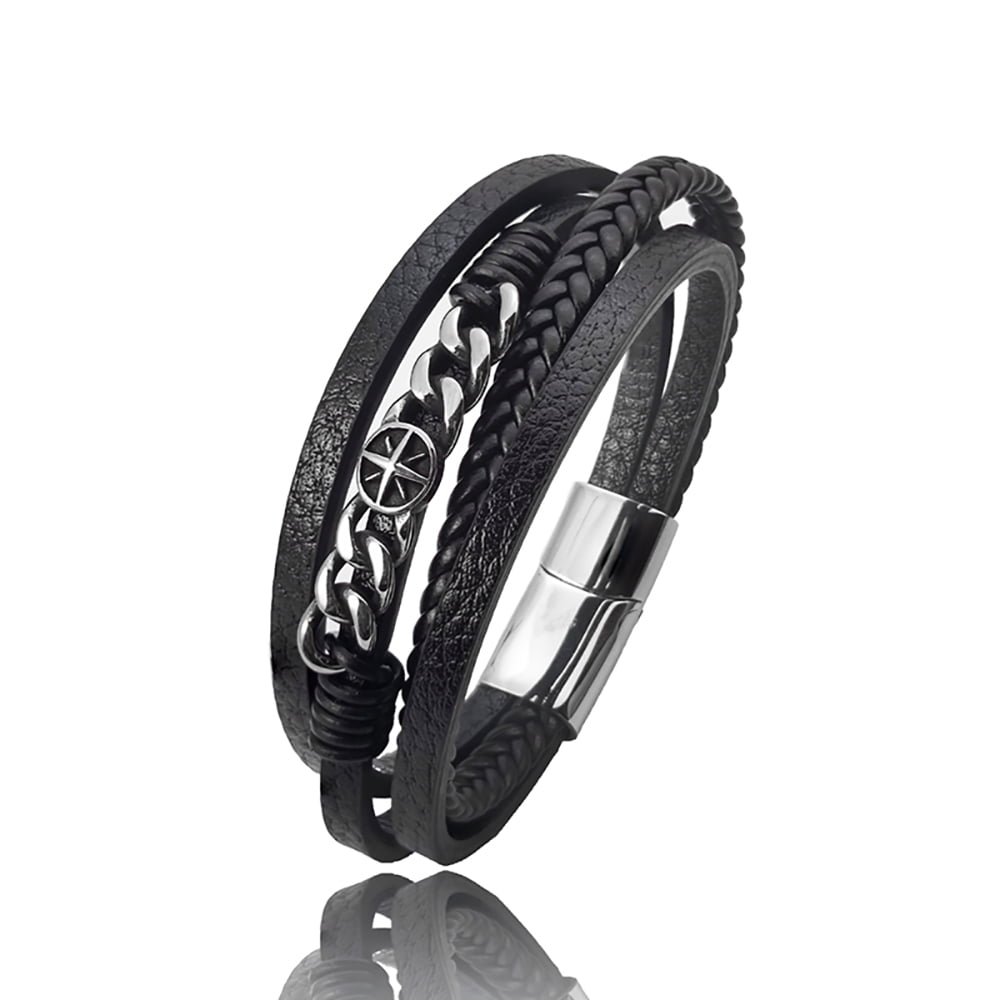 YIFSIY Black Mutil-layer Braided Leather Bracelet with Six Pointed Star Stainless Steel Cuff Bracelet for Men Women
