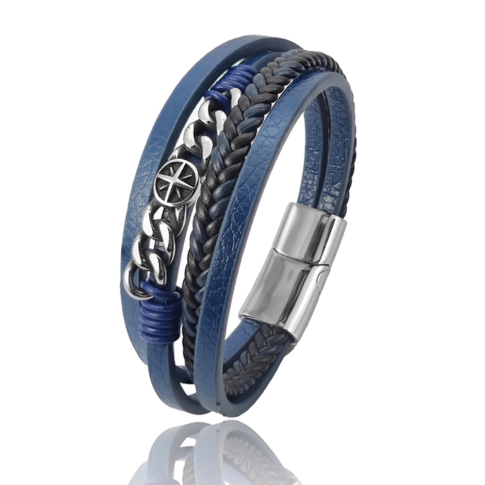 YIFSIY Blue Mutil-layer Braided Leather Bracelet with Six Pointed Star Stainless Steel Cuff Bracelet for Men Women