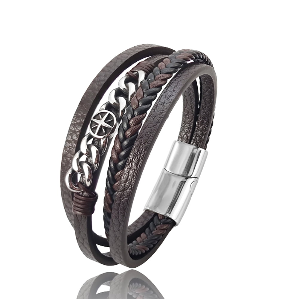 YIFSIY Brown Mutil-layer Braided Leather Bracelet with Six Pointed Star Stainless Steel Cuff Bracelet for Men Women