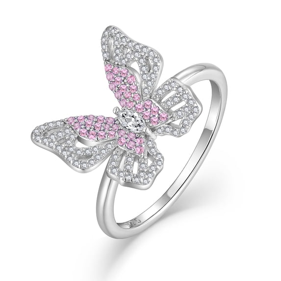 YIFSIY Butterfly Rings for Women 925 Sterling Silver Pink Tourmaline Cubic Zirconia Statement Ring Engagement Wedding Bands Anniversary Jewerly Size 7