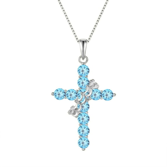 YIFSIY Rotated Crown Cross Necklaces 925 Sterling Silver Round Cut March Aquamarine Faith Cross Birthstone Pendant Necklace for Women