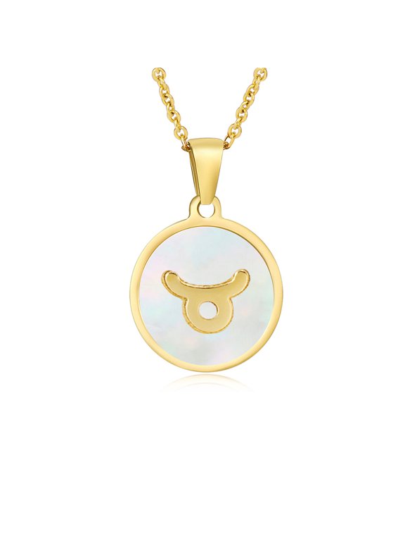 Taurus 12 Constellation Necklace 18K Gold Pated Mother of Pearl Shell Zodiac Disc Pendant for Women