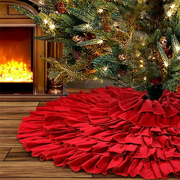 YIFUNIN 122cm Red Ruffle Christmas Tree Skirt for Artificial Trees, 6 Layer Fluffy Large Tree Skirt for Rustic Christmas Decorations