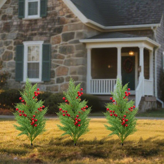 YIFUNIN 21.65in Christmas Tree with Spike Artificial Needles Xmas Tree Stake with Cones and Berries Fake Green Planter Bushes for Decor