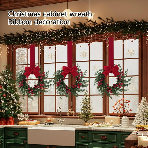 YIFUNIN 4pc 26cm Christmas Kitchen Cabinet Wreaths with Plaid Bow Ribbon, Mini Christmas Wreaths with Berries and Bow for Kitchen Window Outdoor Indoor Holiday Decor