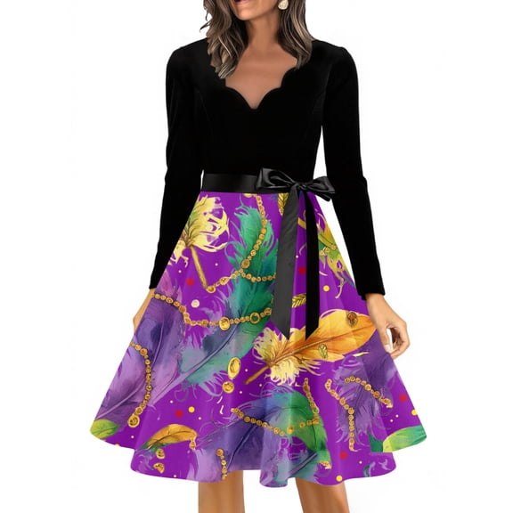 YIFUNIN Breathable and Soft Women's V-Neck Long Sleeve Dress with Retro Carnival Print, Vintage Hepburn Inspired Elegant Casual Wear for Fashionable Women,S