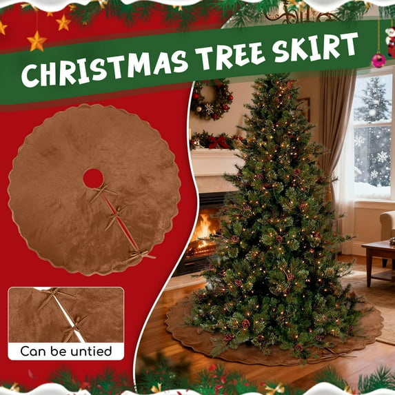 YIFUNIN Brown Velvet Christmas Tree Skirt, Elegant Vintage Christmas Decoration for Holiday Party and Soft Velvet Ruffled Home Decor