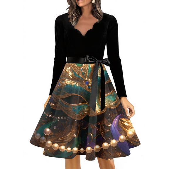 YIFUNIN Chic Women's Casual Fashion Long Dress Featuring Vintage Carnival Print and V-Neck Design, Long Sleeve Retro Hepburn Style for Party and Date Night,S