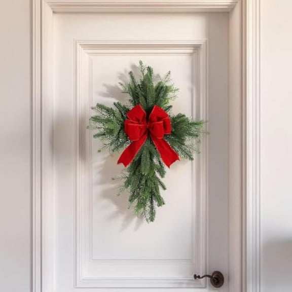 YIFUNIN Christmas Cross Wreaths with Red Bows and Branches for Front Doors, Outdoor Windows, Interior Walls, Fireplace Mantels, 50*45cm