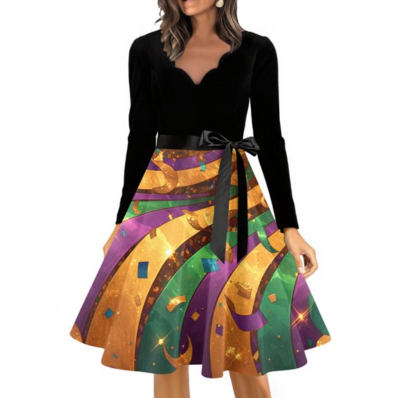 YIFUNIN Classic Retro Women's Long Sleeve Dress with Artistic Carnival Print, V-Neck Vintage Hepburn Style Design for Casual and Semi-Formal Occasions,3XL