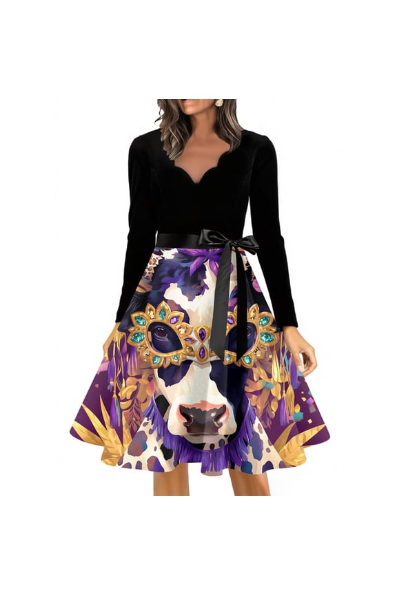 Classic V-Neck Women's Long Sleeve Dress with Retro Carnival Print, Vintage Hepburn Style Elegant Long Dress for Casual and Party Occasions,3XL