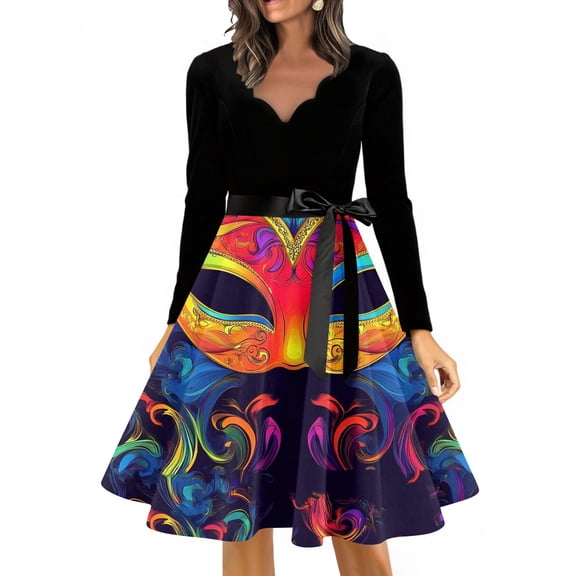 YIFUNIN Vintage Hepburn Style Women's Long Dress, Casual Long Sleeve V-Neck Dress with Carnival Party Floral Print for Holiday Festive Occasion,3XL
