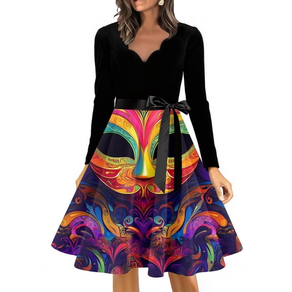 YIFUNIN Vintage Hepburn Style Women's Long Dress, Casual Long Sleeve V-Neck Dress with Carnival Party Floral Print for Holiday Festive Occasion,S