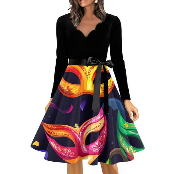 YIFUNIN Vintage Hepburn Style Women's Long Dress, Casual Long Sleeve V-Neck Dress with Carnival Party Floral Print for Holiday Festive Occasion,S