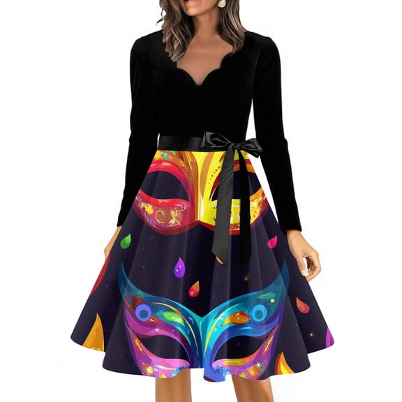 YIFUNIN Vintage Hepburn Style Women's Long Dress, Casual Long Sleeve V-Neck Dress with Carnival Party Floral Print for Holiday Festive Occasion,XL
