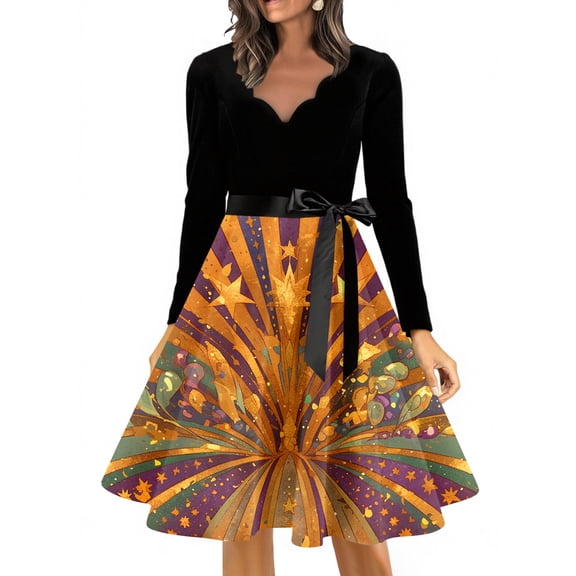 YIFUNIN Vintage-Inspired Women's Carnival Print V-Neck Long Sleeve Long Dress, Retro Audrey Hepburn Style Elegant Casual Party Wear for Daily Fashion,S