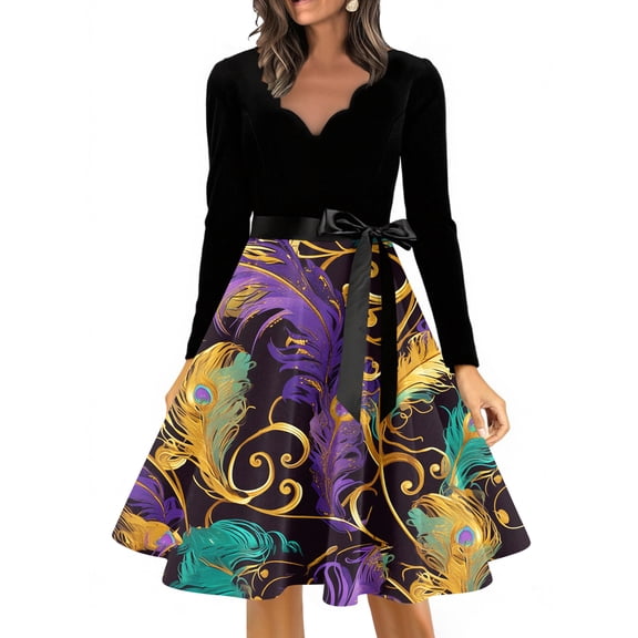 YIFUNIN Vintage-Inspired Women's Carnival Print V-Neck Long Sleeve Long Dress, Retro Audrey Hepburn Style Elegant Casual Party Wear for Daily Fashion,S