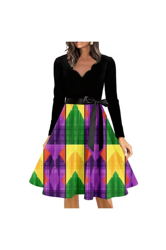 Vintage Retro Women's Long Dress with Carnival Floral Print, Elegant V-Neck Long Sleeve Casual Dress for Fall Autumn Season and Holiday Party,4XL