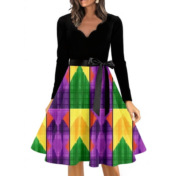 YIFUNIN Vintage Retro Women's Long Dress with Carnival Floral Print, Elegant V-Neck Long Sleeve Casual Dress for Fall Autumn Season and Holiday Party,L