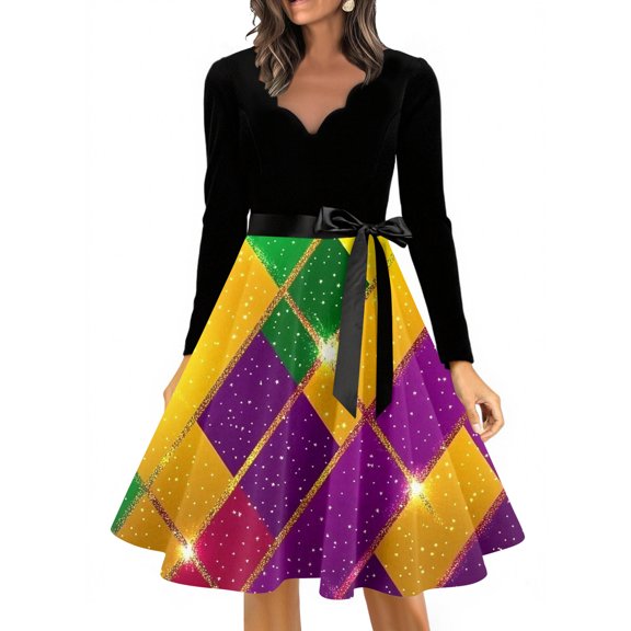 YIFUNIN Vintage Retro Women's Long Dress with Carnival Floral Print, Elegant V-Neck Long Sleeve Casual Dress for Fall Autumn Season and Holiday Party,S