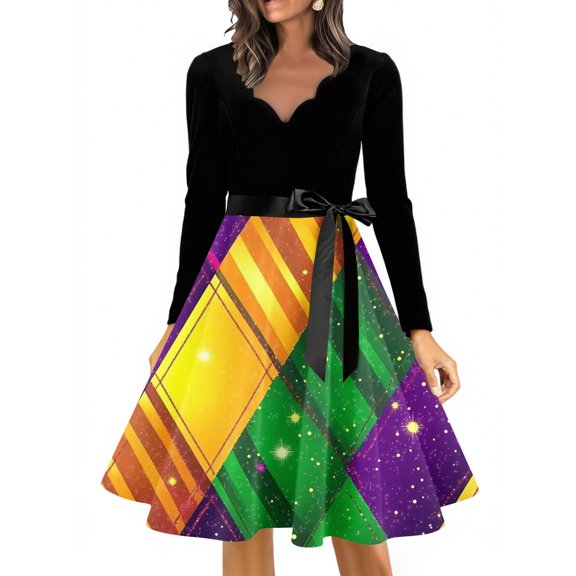 YIFUNIN Vintage Retro Women's Long Dress with Carnival Floral Print, Elegant V-Neck Long Sleeve Casual Dress for Fall Autumn Season and Holiday Party,XL