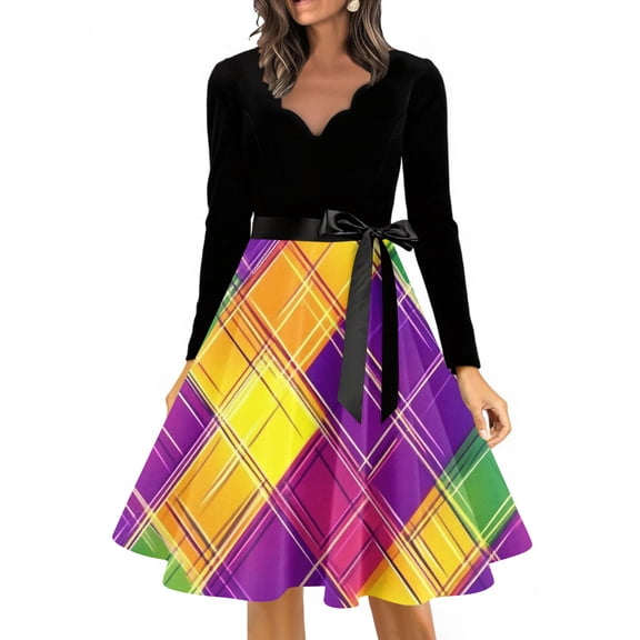 YIFUNIN Vintage Retro Women's Long Dress with Carnival Floral Print, Elegant V-Neck Long Sleeve Casual Dress for Fall Autumn Season and Holiday Party,XL