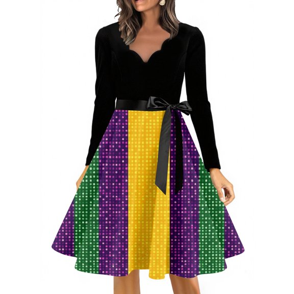 YIFUNIN Women's Casual Long Sleeve Dress with V-Neck, Carnival Floral Print, Vintage Retro Hepburn Style Elegant Long Dress for Daily Wear,M