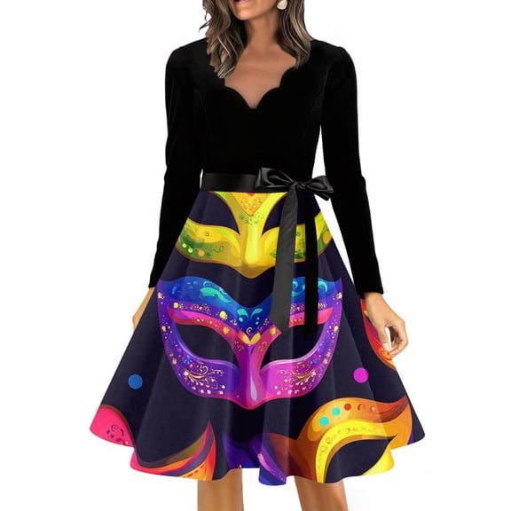 YIFUNIN Women's Casual Long Sleeve Dress with V-Neck, Carnival Floral Print, Vintage Retro Hepburn Style Elegant Long Dress for Daily Wear,S