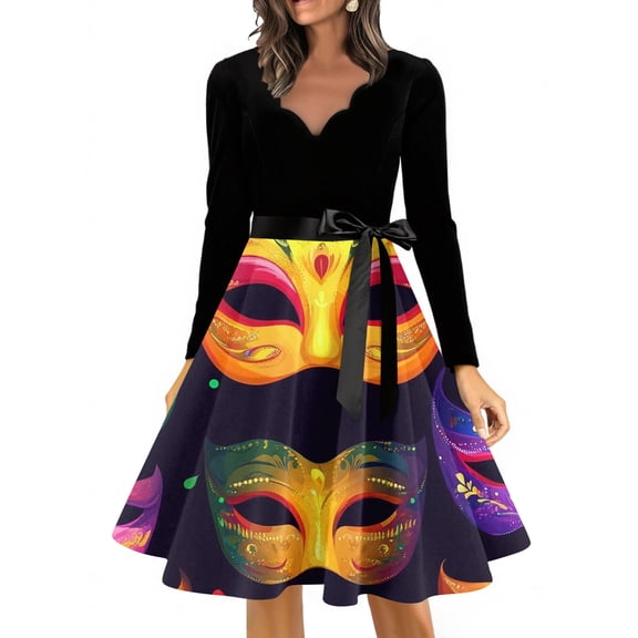 YIFUNIN Women's Casual Long Sleeve Dress with V-Neck, Carnival Floral Print, Vintage Retro Hepburn Style Elegant Long Dress for Daily Wear,S