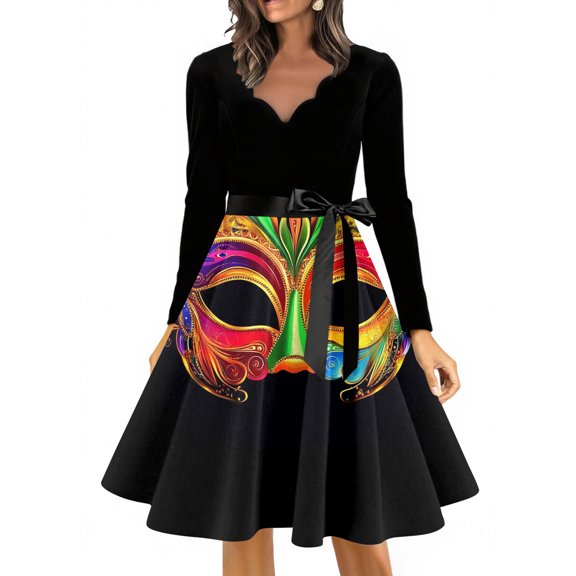 YIFUNIN Women's Casual Long Sleeve Dress with V-Neck, Carnival Floral Print, Vintage Retro Hepburn Style Elegant Long Dress for Daily Wear,S