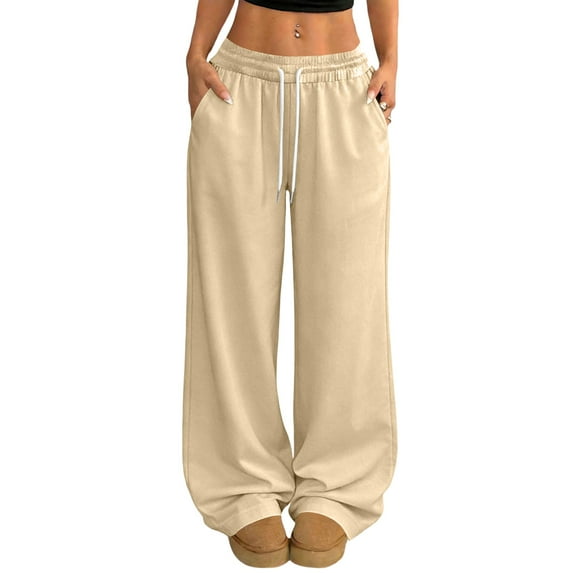 YIFUNIN Women's Casual Solid Color Elastic Waist Wide Leg Pants, Drawstring Loose Fit Trousers for Everyday Lounge, Comfortable Versatile Style,Beige L