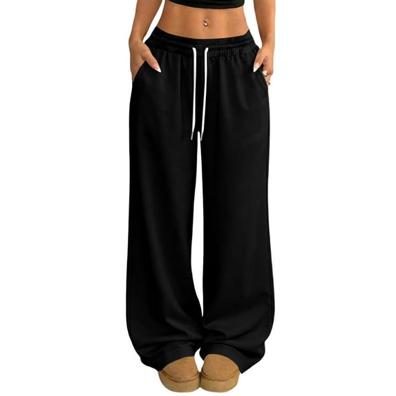 YIFUNIN Women's Casual Solid Color Elastic Waist Wide Leg Pants, Drawstring Loose Fit Trousers for Everyday Lounge, Comfortable Versatile Style,Black S
