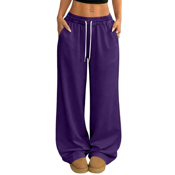 YIFUNIN Women's Casual Solid Color Elastic Waist Wide Leg Pants, Drawstring Loose Fit Trousers for Everyday Lounge, Comfortable Versatile Style,Purple XL