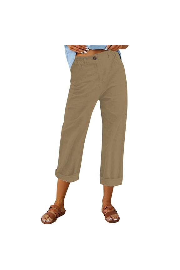 Women's Fashion High Waisted Cotton Linen Straight Leg Pants, Loose Fit Solid Color Casual Trousers, Breathable Natural Fabric,Camel S
