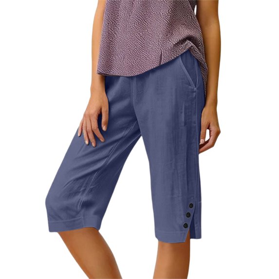YIFUNIN Women's High Waisted Cropped Utility Joggers with Pockets, Business Casual Tapered Pants for Work, Summer Cotton Linen Drawstring,Navy S