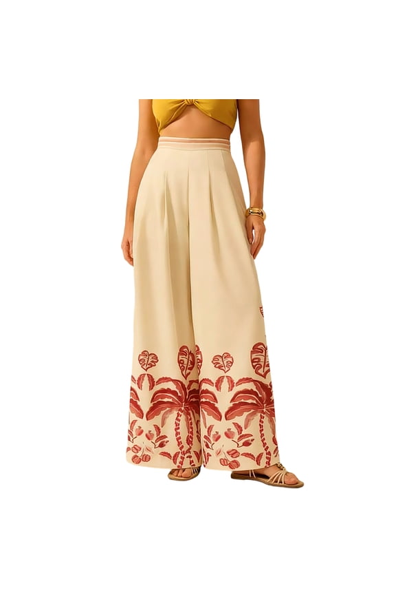 Women's High Waisted Wide Leg Pants with Floral Print, Loose Fit Casual Palazzo Trousers for Spring Summer, Flowy Comfortable Beach Pants,Red M