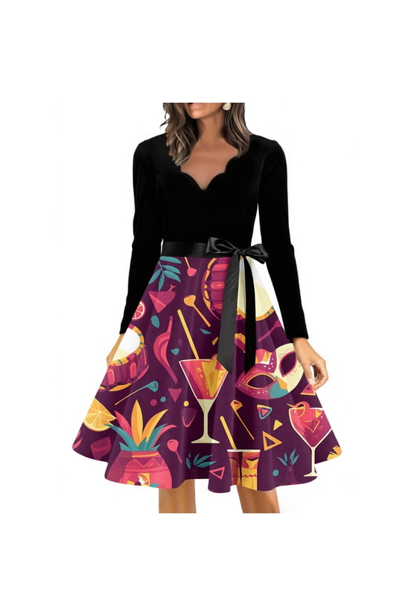 Women's Long Sleeve Casual Dress, V-Neck Carnival Printed Vintage Long Dress, Retro Hepburn Elegant Style with Floral Pattern for Women,S