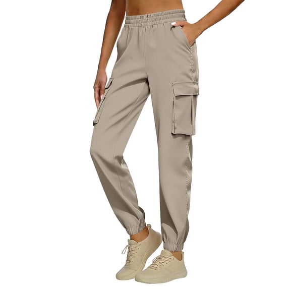 YIFUNIN Women's Loose Tapered Cargo Pants without Drawstring, Utility Style Casual Joggers for Streetwear, Multiple Pockets Comfort Fit,Khaki M